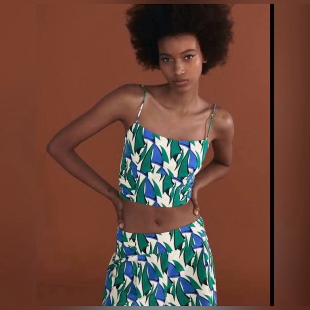Linen Blend Smocked Green Multicolor Zara Crop Top
